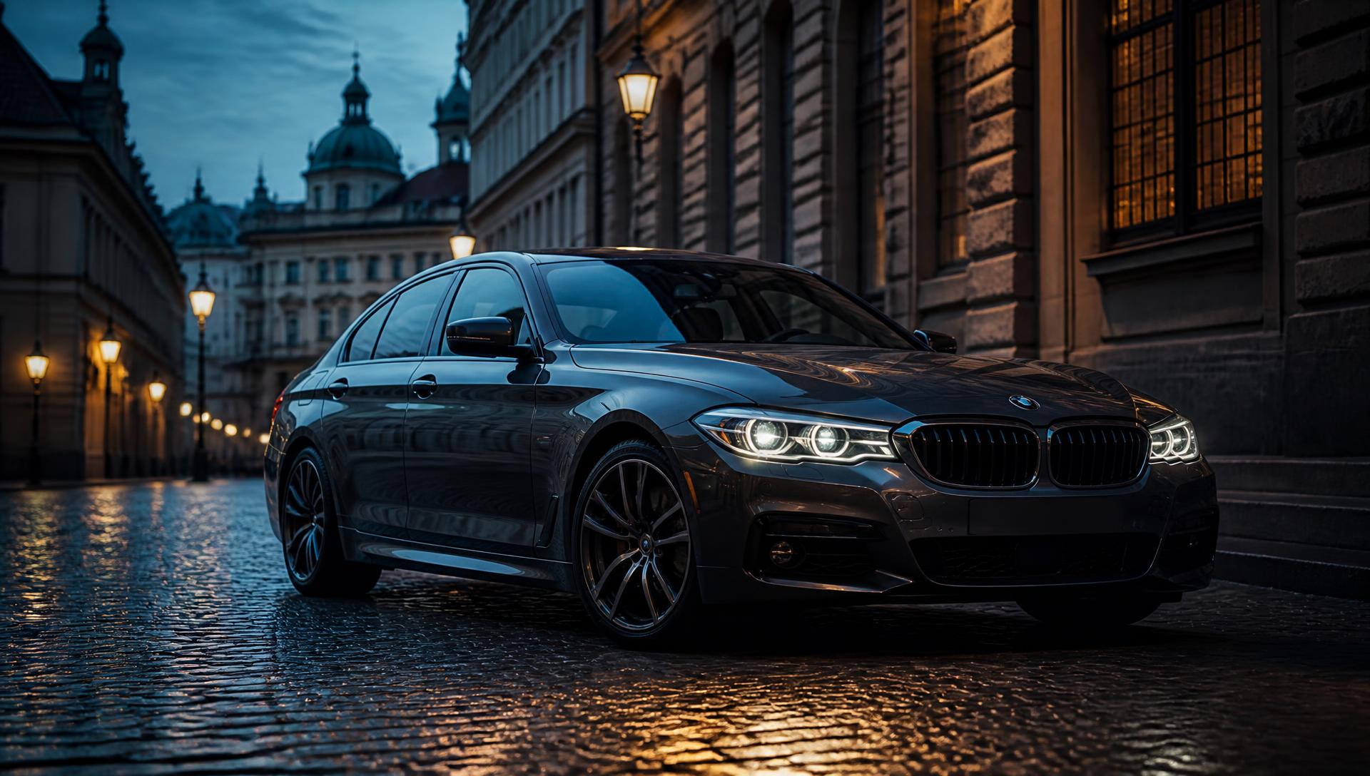 Premium sedan op een Europese straat in de avond